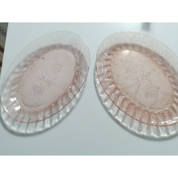 Vintage Jeannette Floral Poinsettia Pink Depression Glass Oval Platters set of 2 - Picture 9 of 11